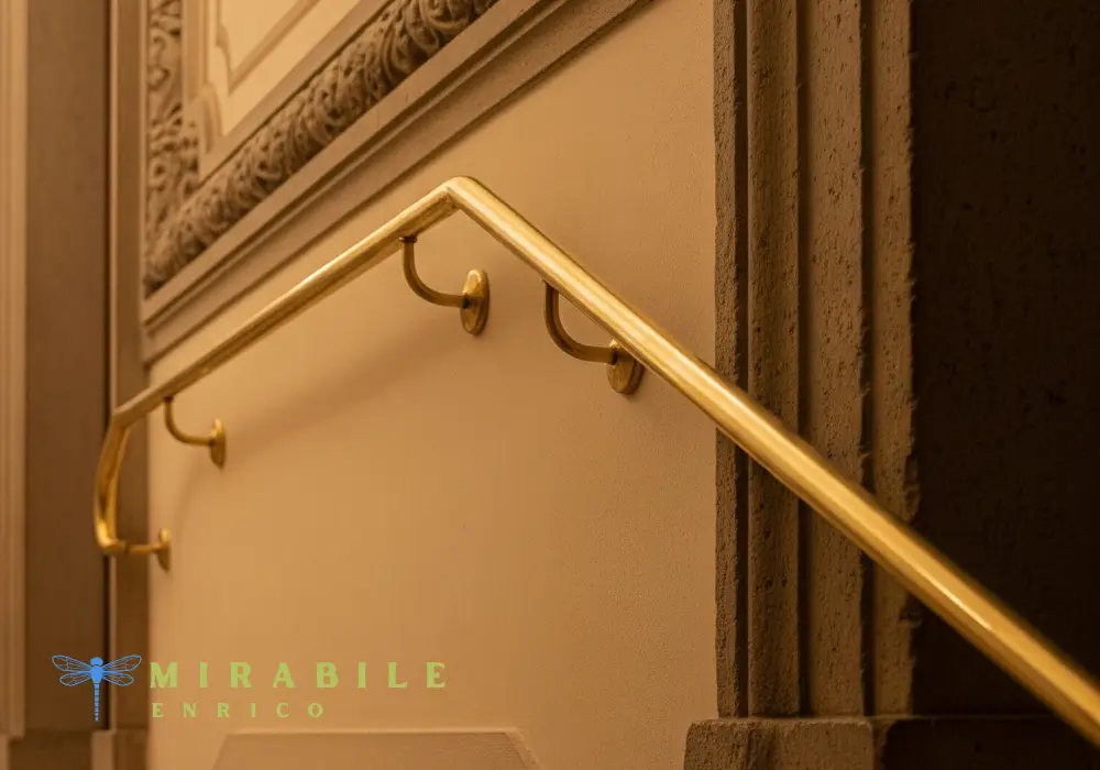 Un corrimano in ottone lucido fissato a una parete chiara con staffe decorate, parte di una scala elegante.