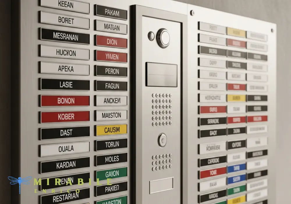 Un citofono di appartamento con targhette personalizzate per ogni residente.